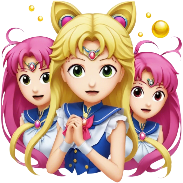 Icon for Anime: vibrant, dynamic scene with heros from Bishoujo Senshi Sailor Moon in action, featuring exaggerated expressions and colorful backgrounds. The design should reflect the distinct, energetic style of anime, with iconic eyes and unique visual elements. Transparent background. emoji