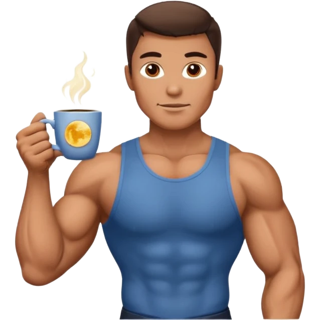 a muscular man holding a cup of coffee with a moon on it emoji