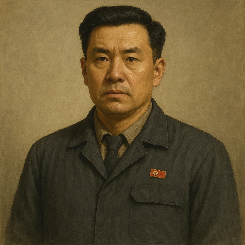 Official portrait of a North Korean man, head of the hull production workshop at a shipyard, serious and formal style, engineer's clothes, neutral background, confident and focused expression, style inspired by Soviet and North Korean official portraits, with a different face emoji