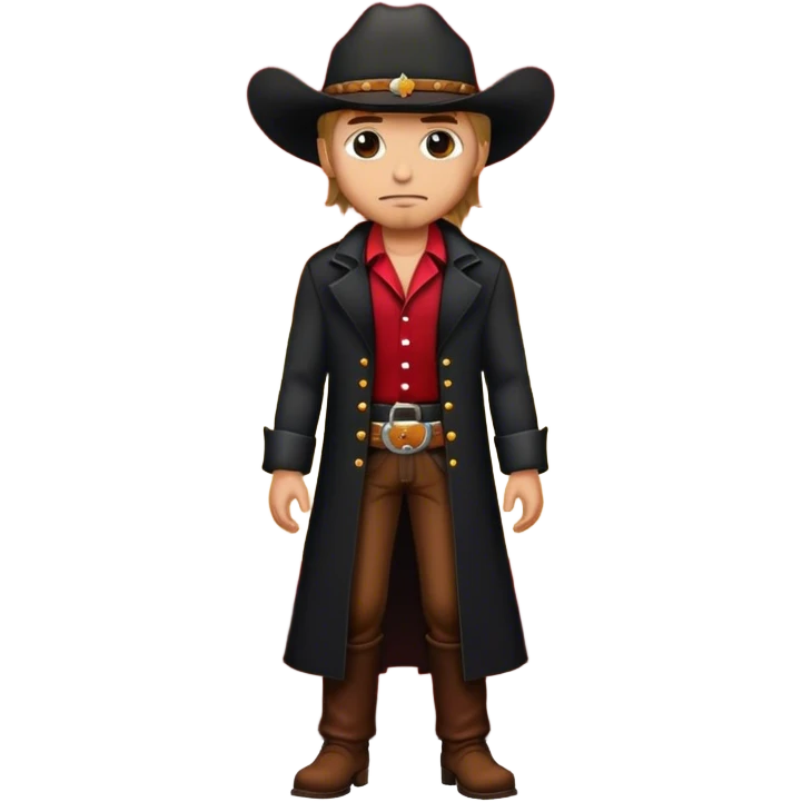 A lone cowboy in a black duster, standing under a crimson sunset emoji