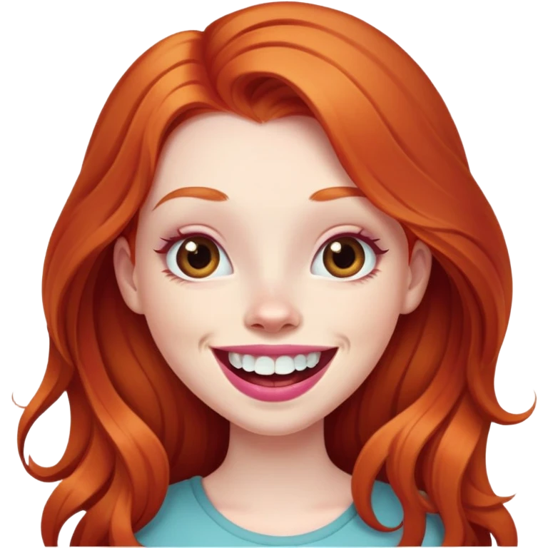 Young girl with pale skin, longer face, full pink lips smiling with big teeth, very long ginger red hair (no blonde at all), big brown eyes, bigger nose, big mouth emoji