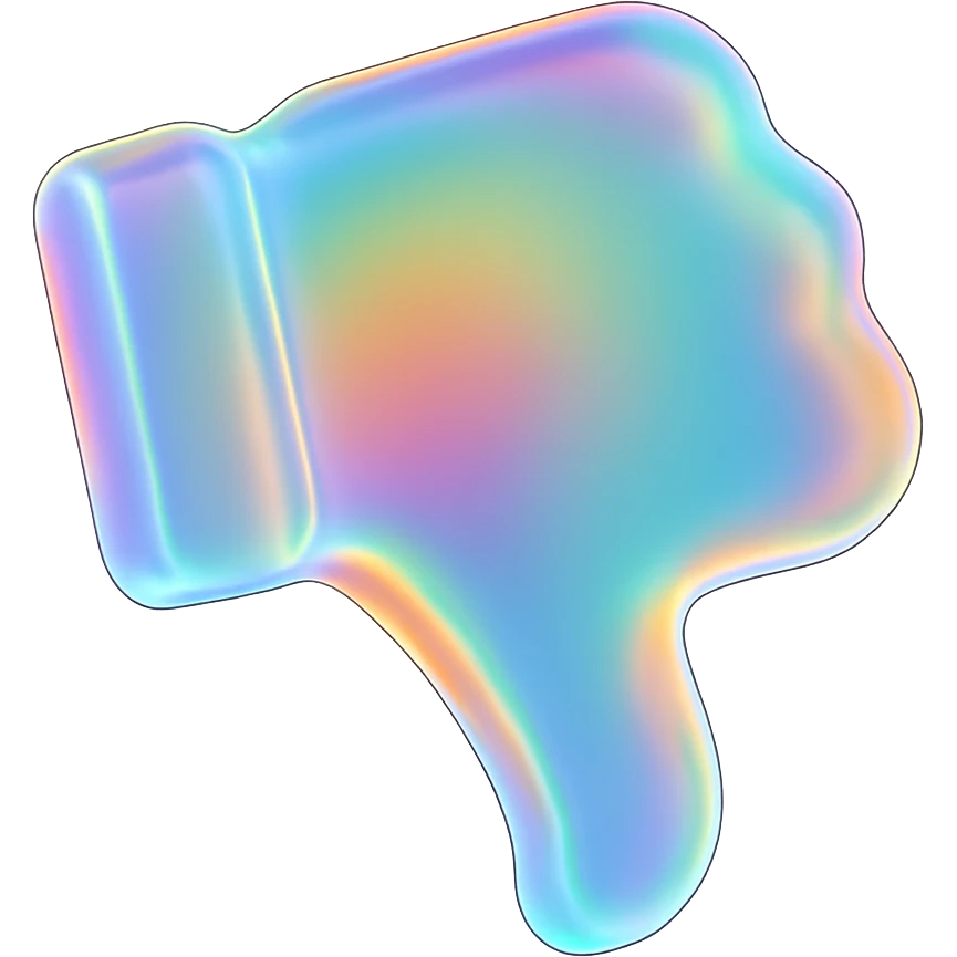Make the 3D glassy thumbs down transparent and colorful with a rainbow or iridescent effect, keeping the matte glass style and no background. emoji