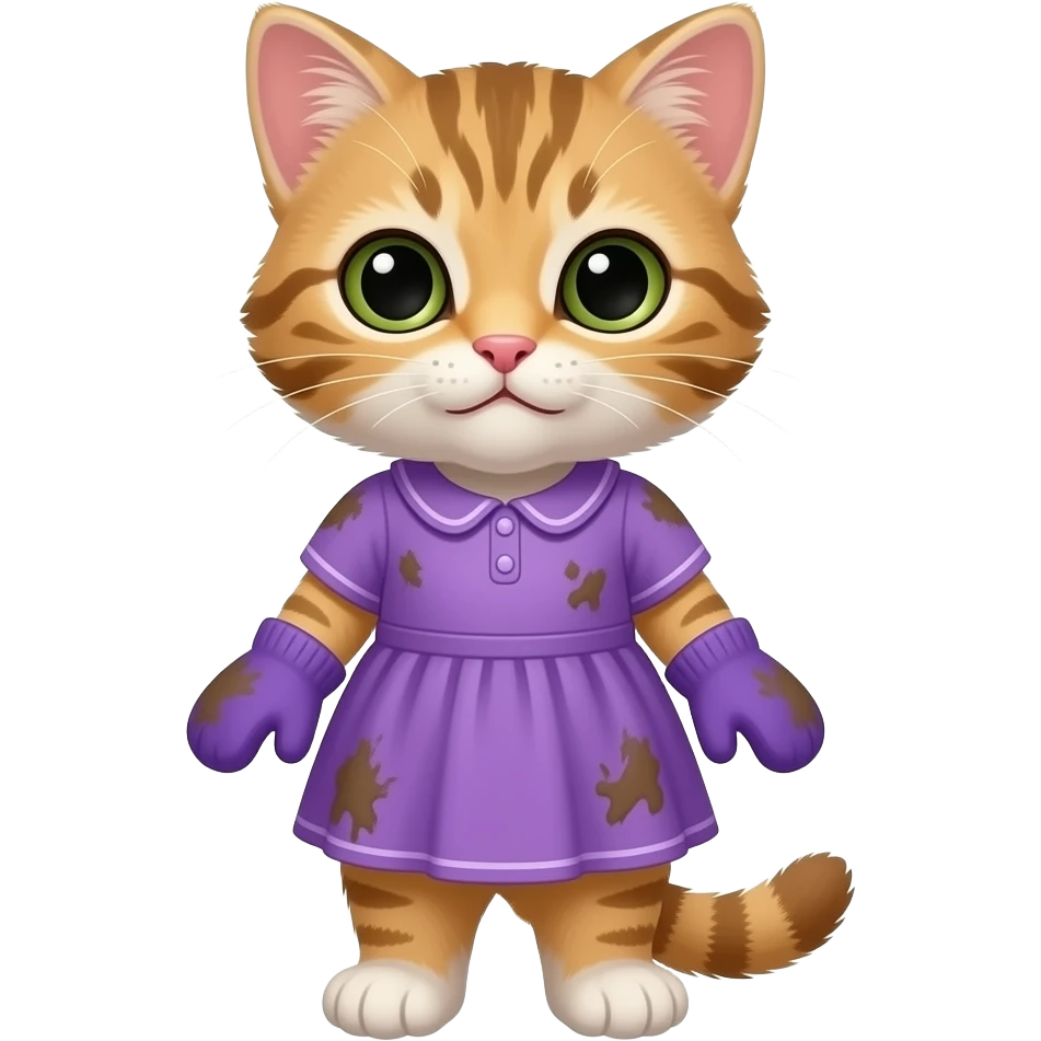 Cartoon sister kitten standing wearing a purple dress wearing purple mittens wear dirty emoji