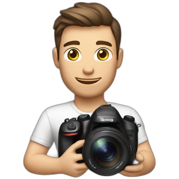 Male Photographer shaved Caucasian wavy hair brunette holding camera emoji