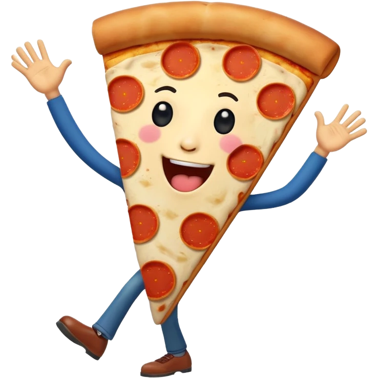silly dancing pizza slice with a face, arms, and legs, singing 'larili larila', Italian flag in the background, fun and energetic emoji