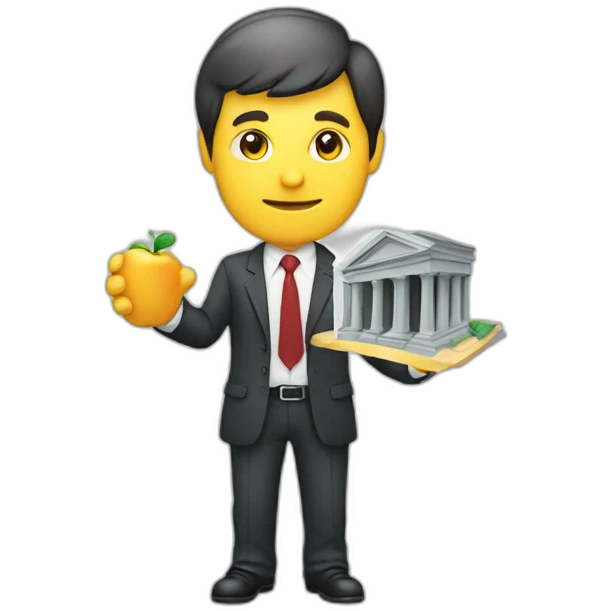A businessman holding an building in hand emoji