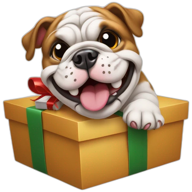 Smiling bulldog on a Christmas present (very cute)  emoji