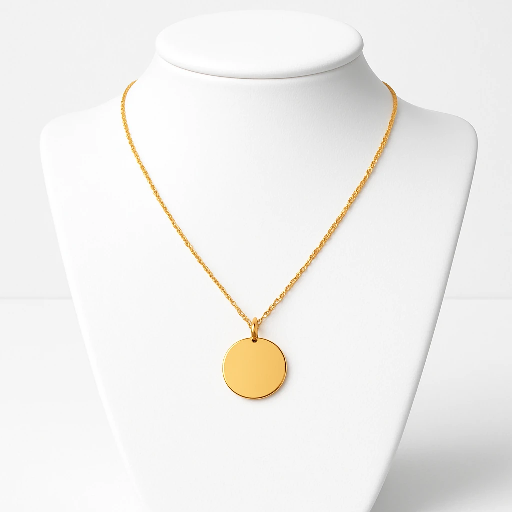 a golden necklace with a plain circular pendant displayed on a bright white necklace stand, high contrast between the gold necklace and the white stand, minimal, clear details emoji