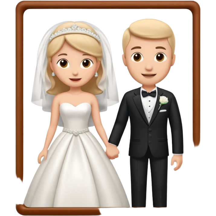 A 3D cartoon wedding advertisement poster hanging on a wall, with bride and groom illustration, visible border, flat lighting, Memoji-style. emoji