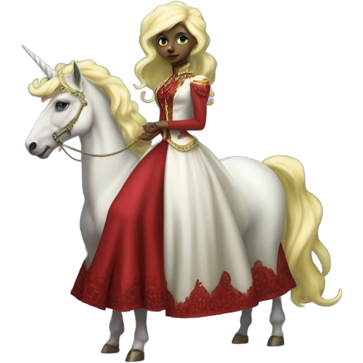 "galora green blonde alien woman" in red Victorian elegant dress, full body, rides unicorn gold and white
(NO WOKE)
 emoji