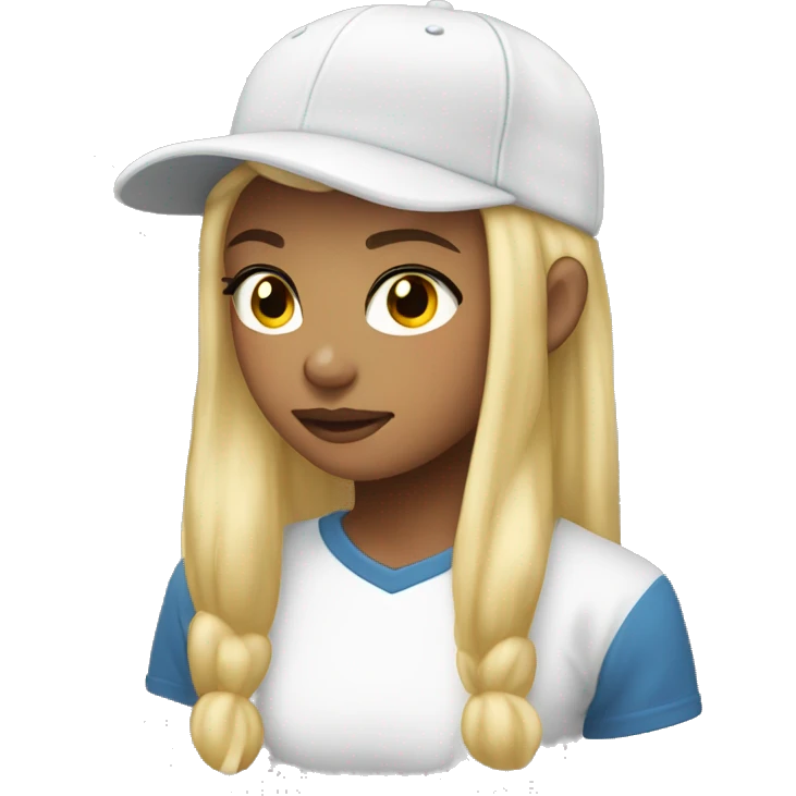 Girl with blonde ponytail Baseball cap white long sleeved shirt emoji