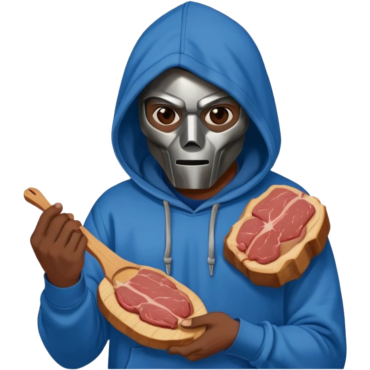 MF DOOM in a blue hoodie holding a piece of meat emoji