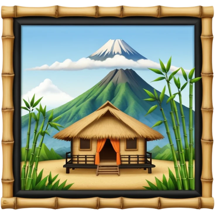 bamboo hut with volcano in the back in Volcano Island  emoji