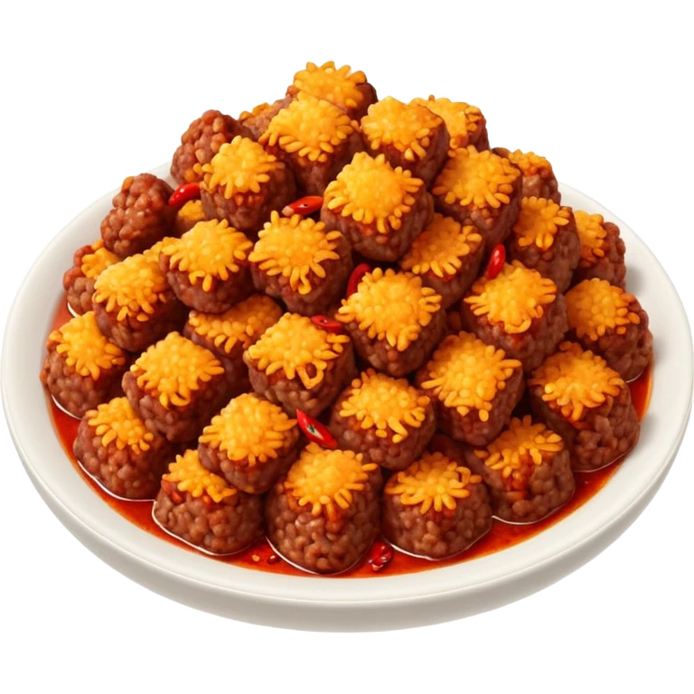 spicy fried minced meat dish object icon, minced meat cooked with chili flakes, red spicy oil, crispy texture, 3D cartoon, mobile game icon style, clean background, no text, no watermark
  emoji