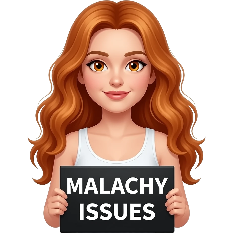 sexy girl with long wavy ginger hair and ginger eyes wearing a white tanktop is holding a black colored sign with MALACHI ISSUES written on it emoji