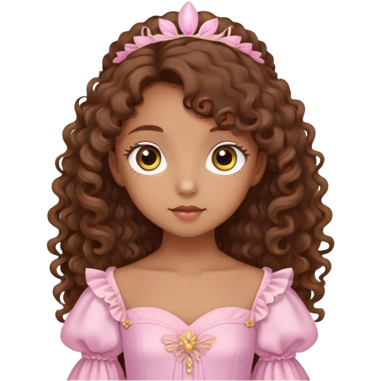 Adorable, kawaii, soft, and coquette demoiselle with brown curly long hair, brown iris eyes, Yellowish brown skin, and soft pink gown emoji