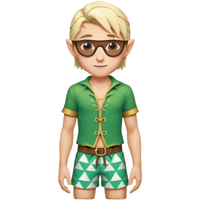elf male legolas portrait, patterned board shorts (geometric/abstract), unique wooden-framed sunglasses, undercut hairstyle, slight smirk, visible pointy ears, no background, centered emoji, hipster summer vibe emoji