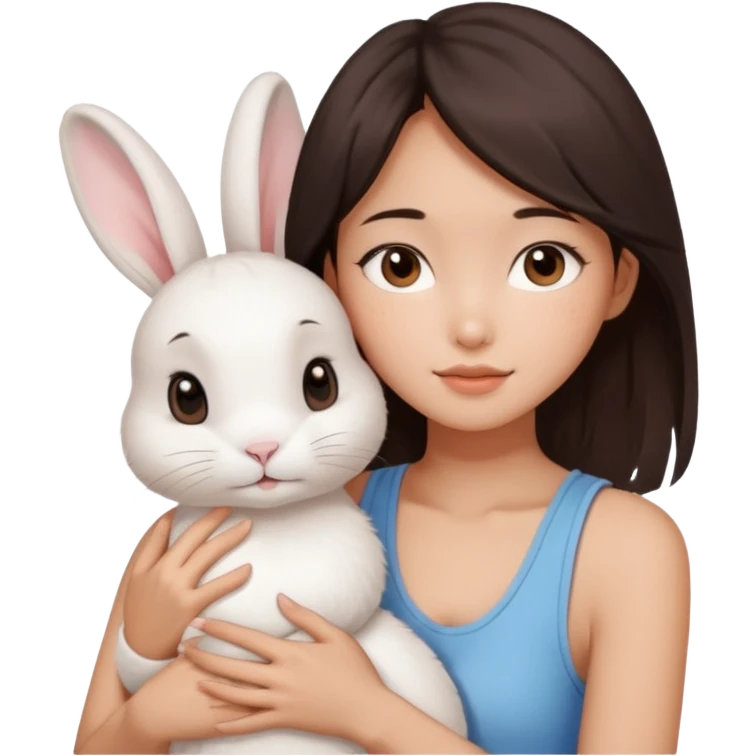 A young Asian woman with dark brown, almost Asian girl with dark brown hair, brown eyes, light Asian skin, add soft makeup and dress in tank top and hugging a one white rabbit with light brown spots, soft and warm atmosphere.
  emoji