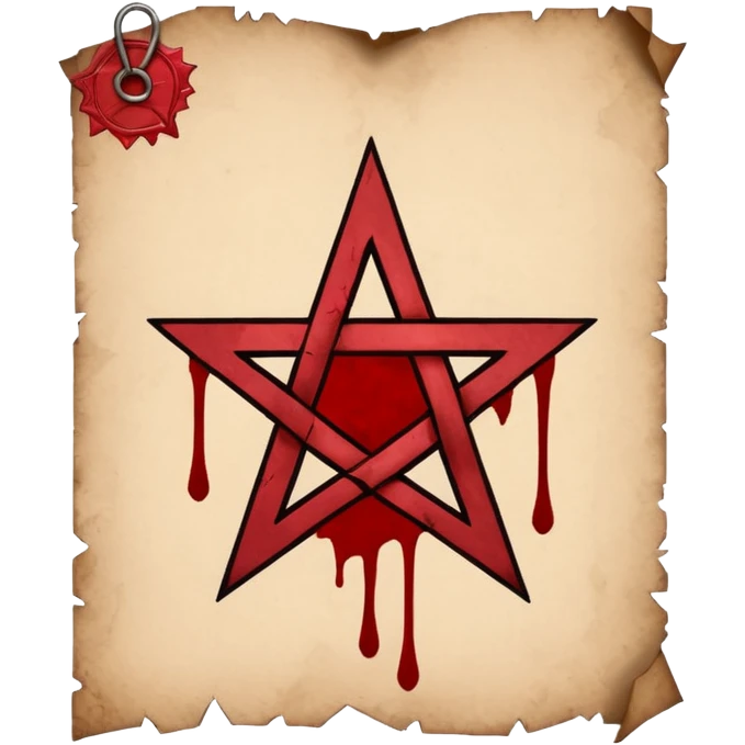 Minimalist emoji-style sticker of a blank torn contract with a pentagram stamp and drop of muted red ink. Gothic feel, flat design.
 emoji