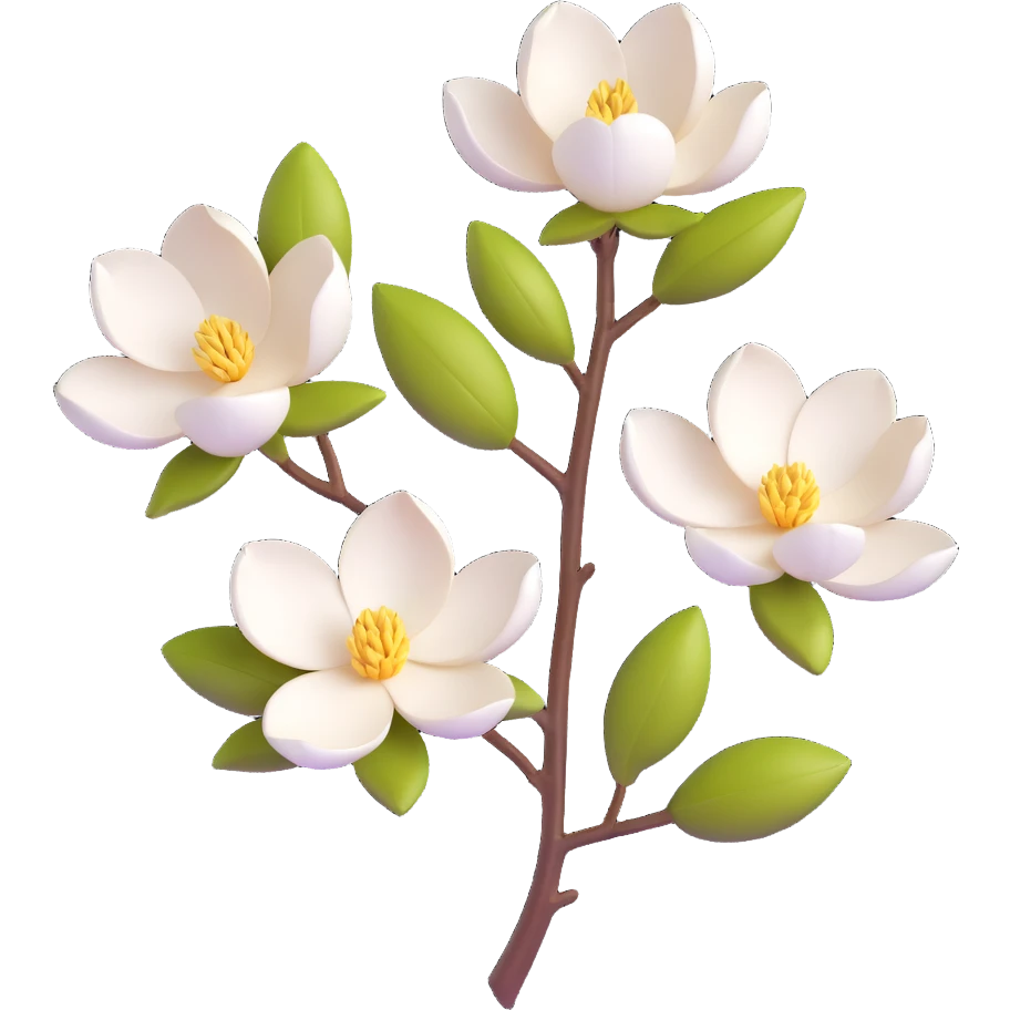 3D icon of a magnolia branch with two flowers, gentle pastel colors, smooth and rounded style emoji