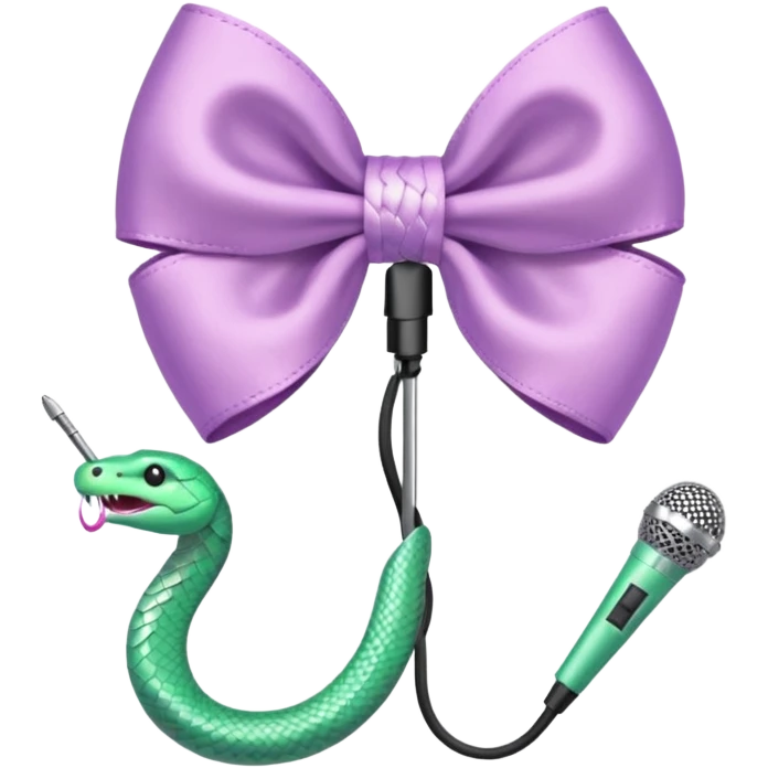 A pastel pink bow with a pastel green snake on the top of one side and a pastel purple microphone on the bottom of the other side emoji