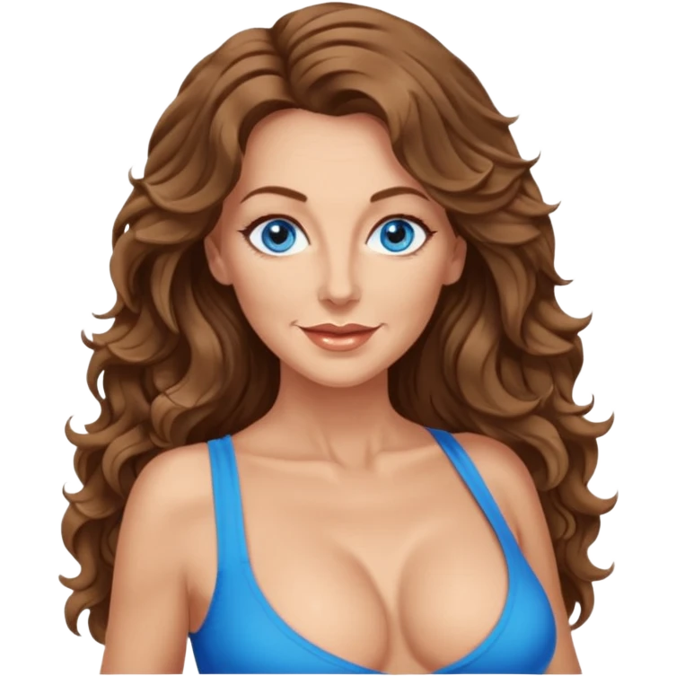 Extra Long wavy hair, brown hair, blue eyes Caucasian, age 50, sexy clothes boobies emoji