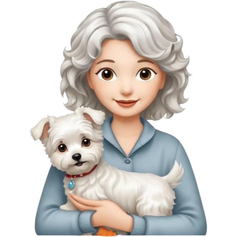 silver, short, wavy-haired with loose curls, smiling pretty lady holding westie dog and lhasa apso dog emoji