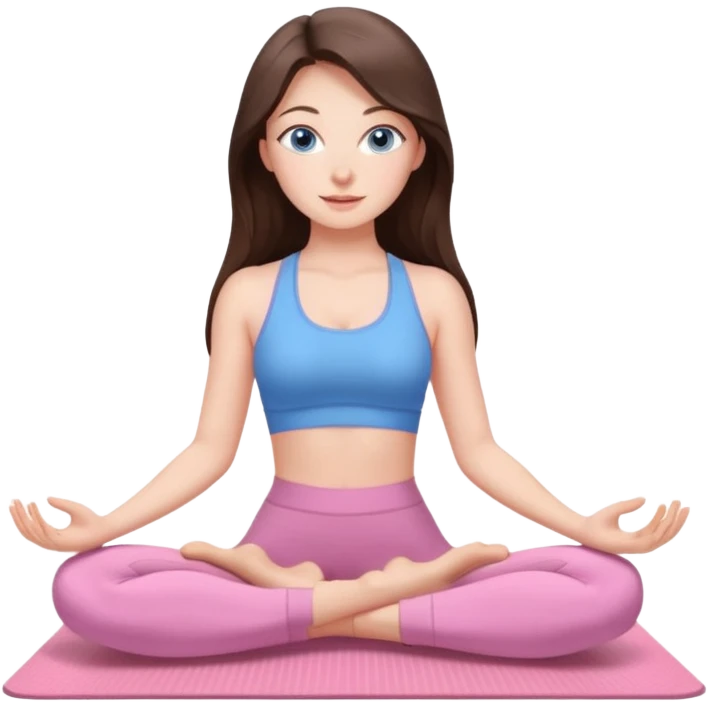 Brunette long hair and blue blue eyes yoga beautiful girl in light pink pink pink clothes sitting on a yoga mat emoji