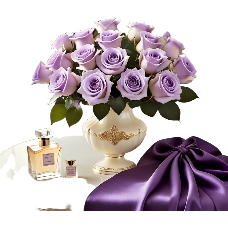 A luxurious bouquet of delicate light violet Ascott tea roses, carefully arranged in an elegant ivory porcelain vase, placed next to a deep purple satin fabric that drapes gracefully. A stunning lavender butterfly with intricate wing patterns rests gently on one of the roses. An exquisite ivory silk ribbon cascades across the scene, intertwining with a vintage-style perfume flacon in a pearlescent hue, adorned with an ornate golden atomizer, evoking timeless elegance emoji