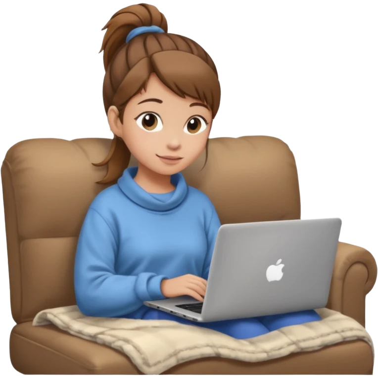 Cozy girl with ponytail on a cozy sofa with laptop on knees and a warm blanket, relaxed online shopping from home emoji
