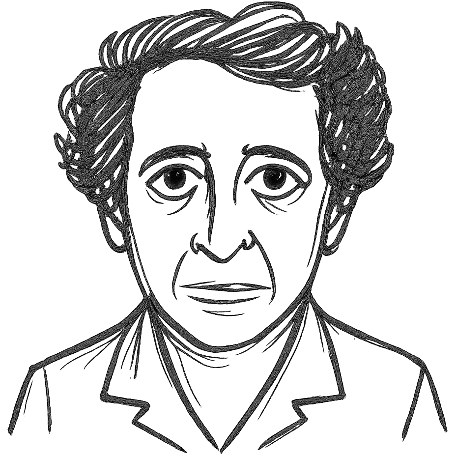 a hand drawn black outline portrait of Hannah Arendt with similar size eyes based a famous photograph of her emoji