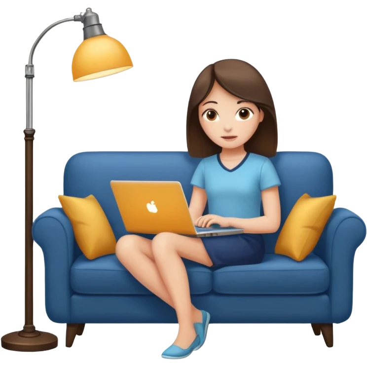 A girl is working with a laptop while lying on a sofa, with a floor lamp to the right. emoji