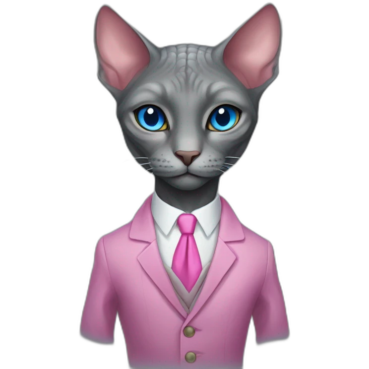 reptilian sphinx dark grey cat with blue eyes wearing pink suit, portrait emoji