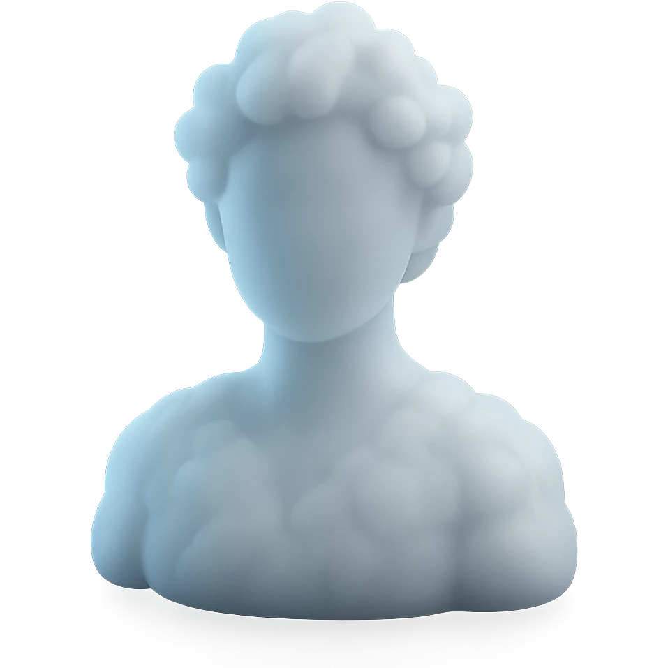 person made entirely of white fluffy clouds, shoulder up, front view, matte glass style emoji