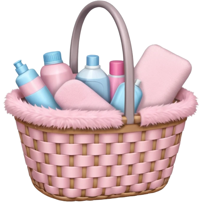 Basket with soft pink cleaning supplies emoji