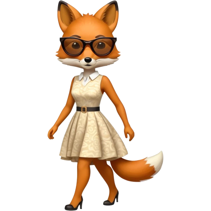 serious anthropomorphised female fox in stylish dress with sunglasses, walking with confidence, full-body view emoji