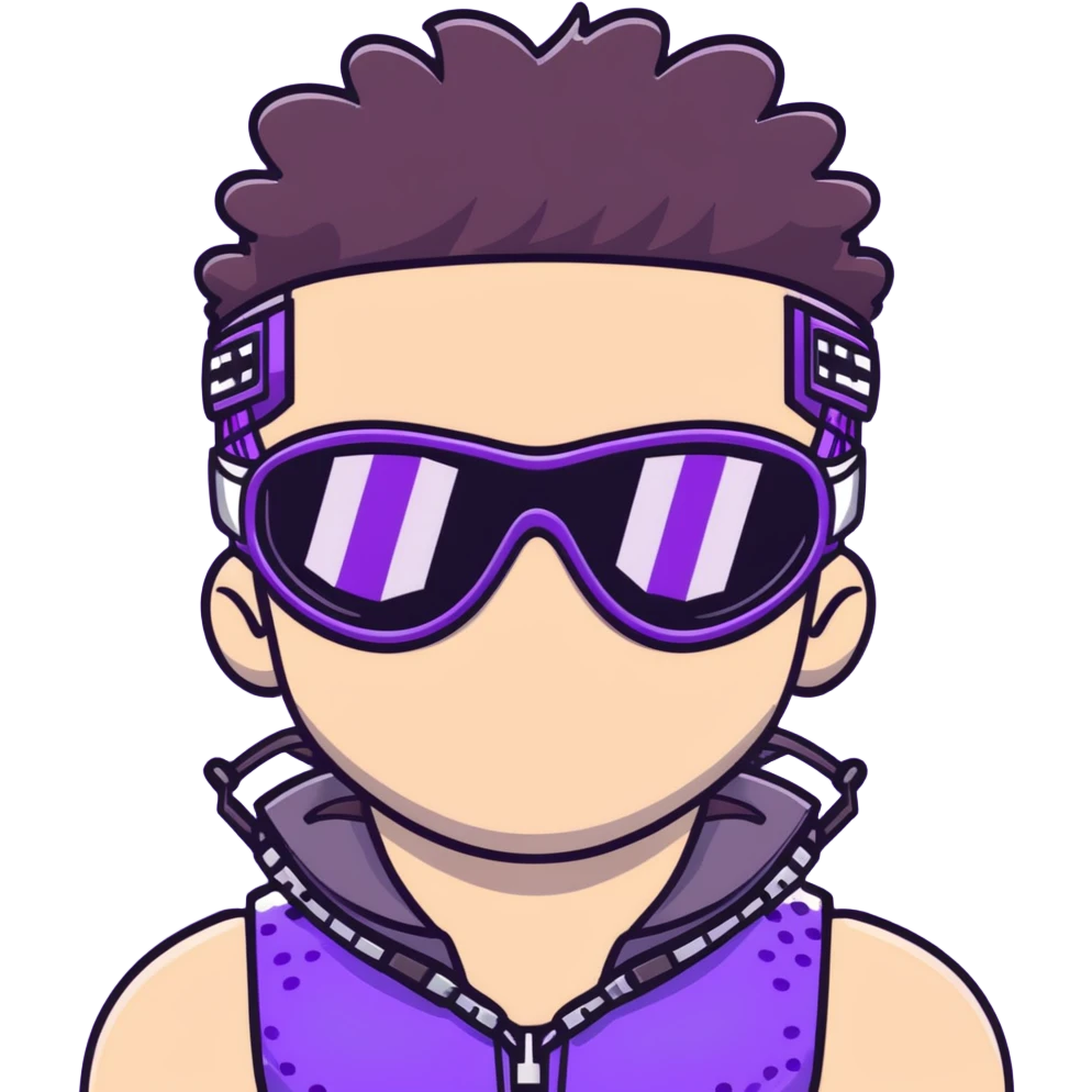 close-up of cool guy male athlete with white skin and moderately curly dark brown hair on top with shaved sides, wearing ski goggles with purple frames and very dark black lenses, winking behind the goggles, with an open mouth confident smile like a cool guy, a simple plain black chain necklace, and a completely unzipped sleeveless vest with purple and black sequin fire pattern design with no logo emoji