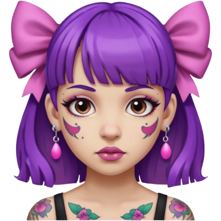 girl with bangs and purple hair and pink hairbow on the side of head and earrings and very heavy face tattoos emoji