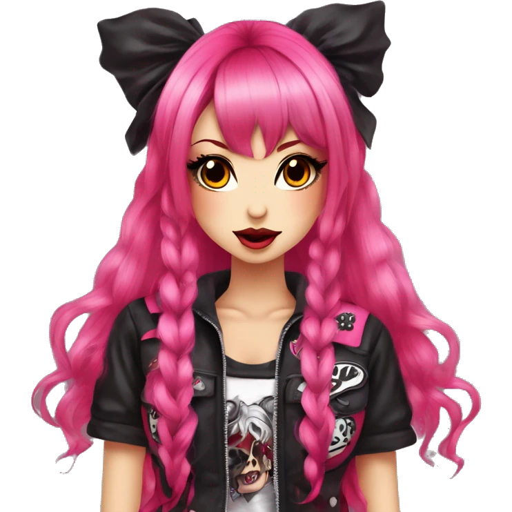 hime gyaru girl, hot pink and red split-dyed hair, dark makeup, punk clothes emoji