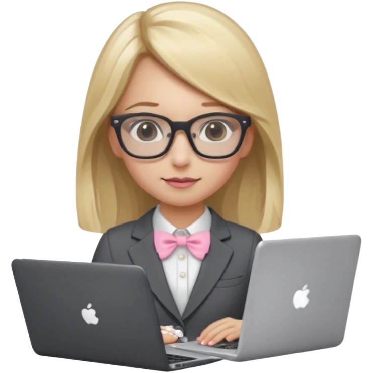 Please take the girl with laptop emoji and make her glassess light brown and her nose a bit smaller and pointier and she has blonde long hair and a dark grey suit and pearls, and has a laptop in fron of her and a tiny pink bow on the left side of her head emoji