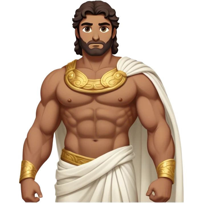 Cinematic Realistic Hercules Portrait, depicted as a classical Greek statue with a robust, muscular build and perfectly chiseled features. His bronze, sun-kissed skin has a timeless, marble-like quality, and his thick, wavy dark hair frames a face exuding determination and quiet nobility. Draped in a flowing white robe with subtle golden accents, the portrait is rendered under dynamic natural lighting that highlights every sculpted detail and evokes the majesty of ancient myth. emoji