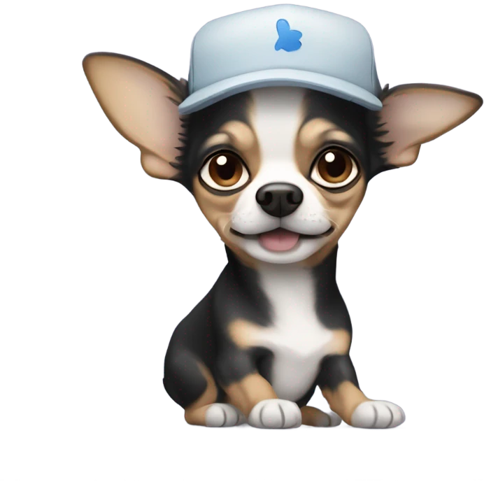 Chihuahua with long black hair being held by old man with blue eyes goatee wearing ball cap emoji