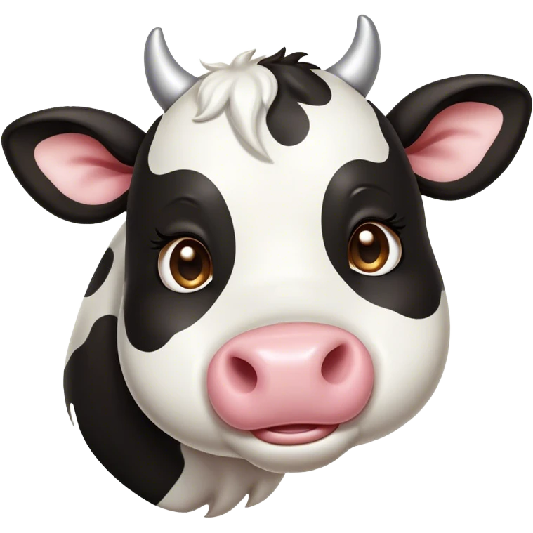 Cinematic Cute Black and White Cow Portrait Emoji, Head tilted playfully and inquisitively, featuring a glossy, contrasting coat of black and white, round, sparkling brown eyes filled with gentle curiosity, Simplified yet irresistibly adorable features, highly detailed, glowing with a warm, friendly glow, high shine, affectionate and serene, stylized with a touch of contemporary charm, bright and endearing, soft glowing outline, capturing the essence of a mischievous yet loving cow, so playful it feels like it could moo out of the screen and into your arms! emoji