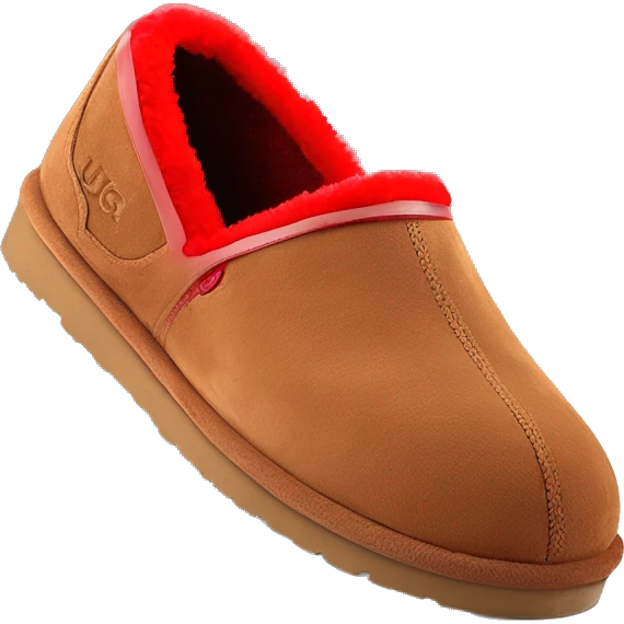 Chestnut brown suede slip-on slippers with a rounded toe, red zig-zag trim, a red heel pull tab, and a thick brown rubber sole. “UGG” logo embossed on the side. emoji