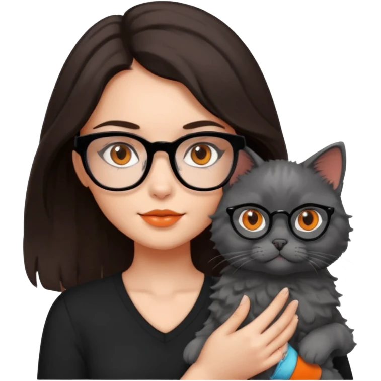 girl with dark brown hair, medium length to her chest, slightly wavy, the girl has black glasses and black eyes, she’s holding a grey fluffy cat with bright orange eyes  emoji