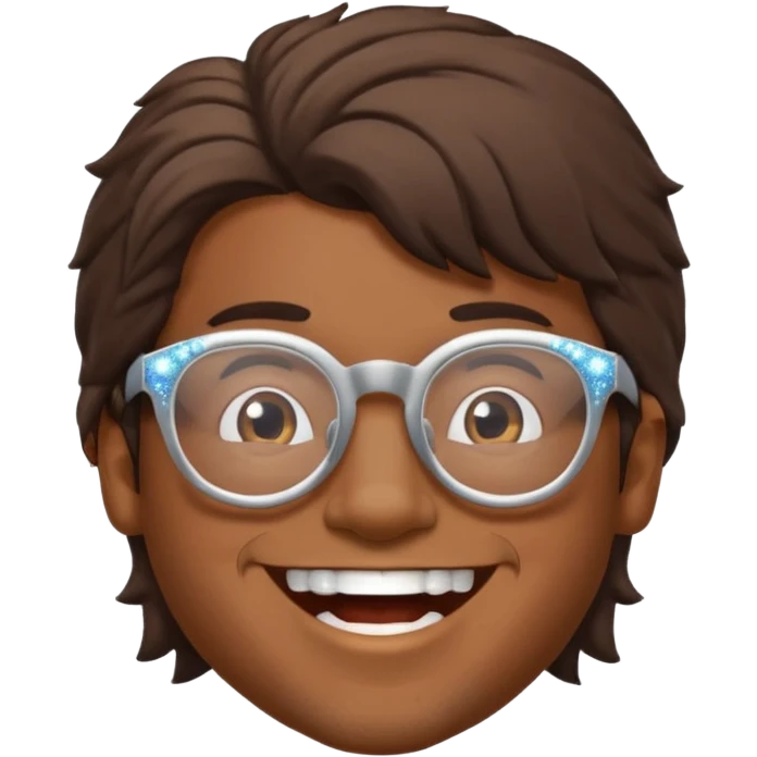 Brown guy with glasses with a whiffed front and puffed mullet, smiling with his teeth together and a sparkle from his teeth emoji