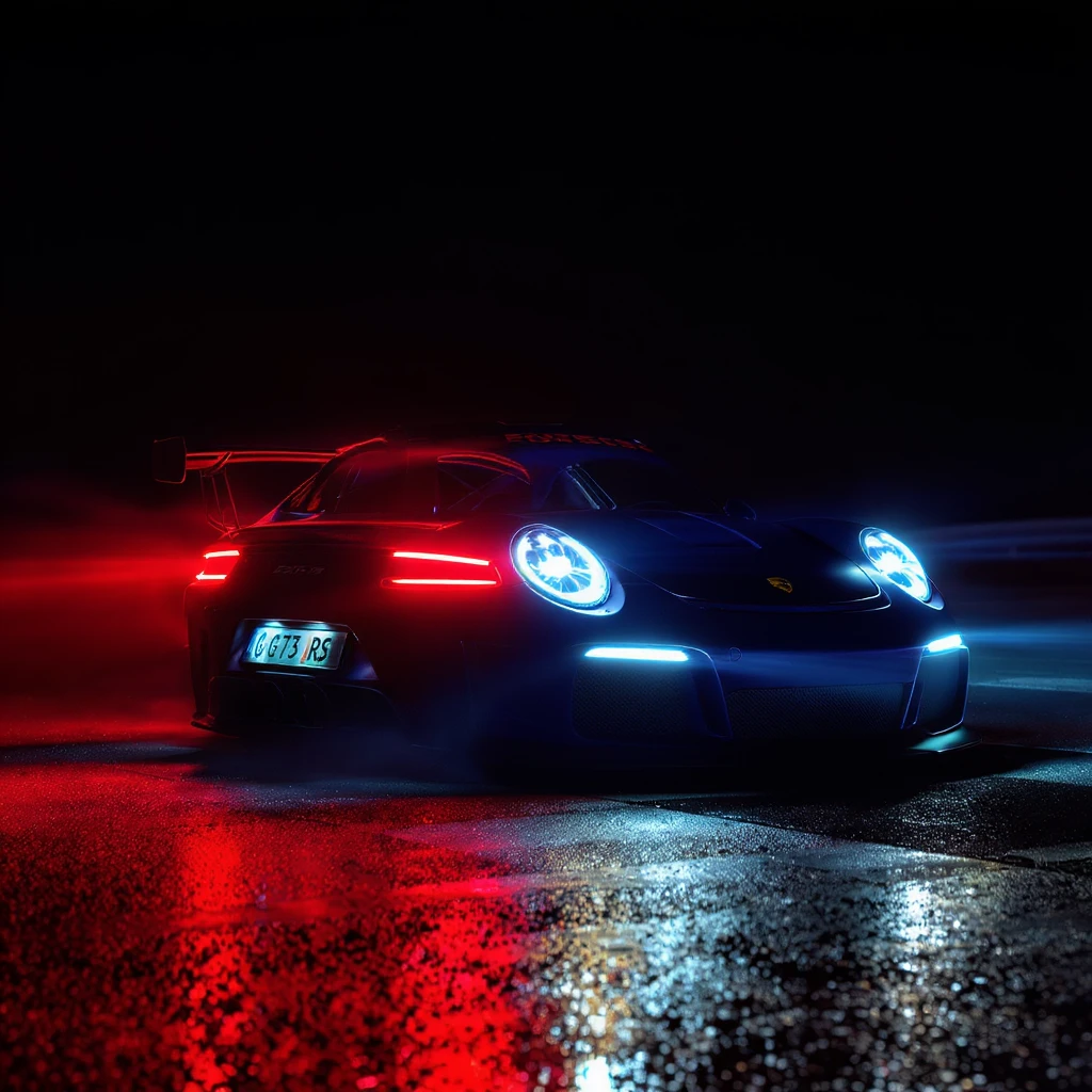 Cinematic still of a porsche 911, gt3 rs night photo, red lights and blue bright night  emoji