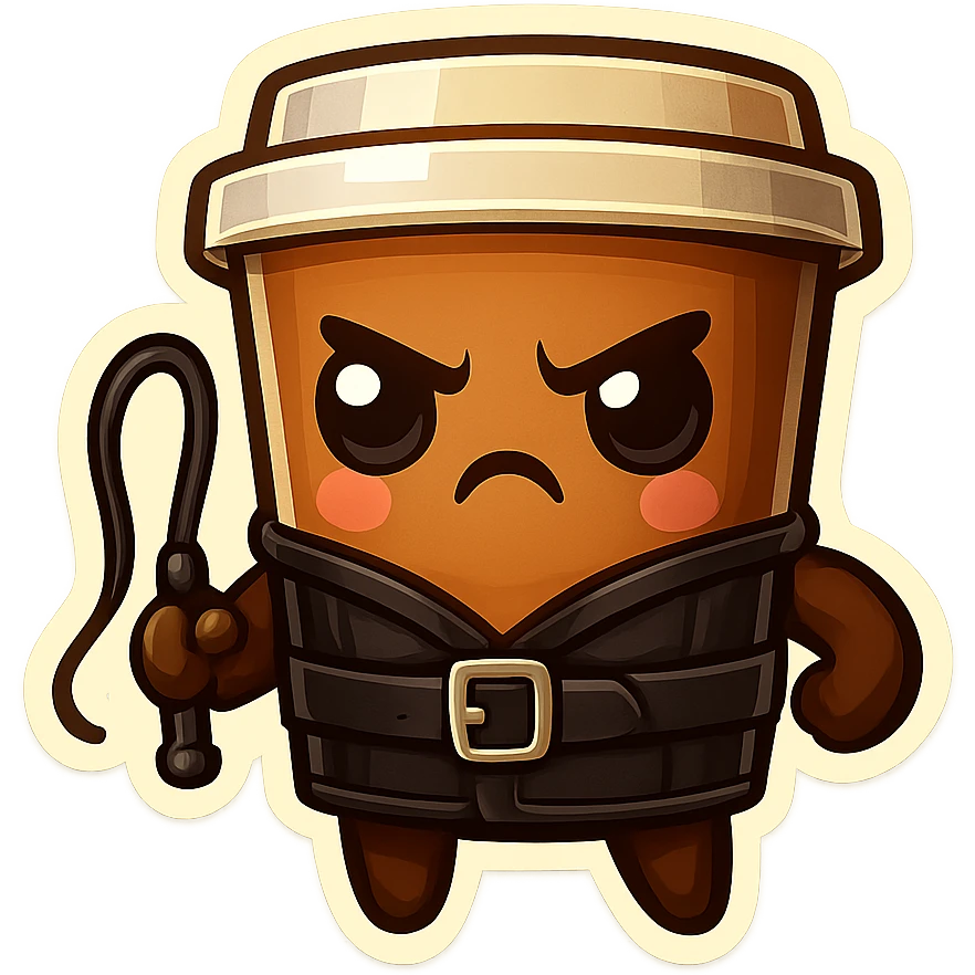 Tall coffee cup, dressed in leather holding a whipping crop, eyebrow furrowed emoji