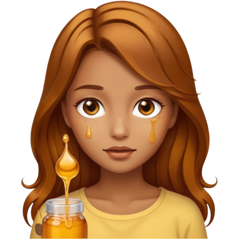 Beautiful girl, with brown honey hair made of real honey hair dripping honey emoji
