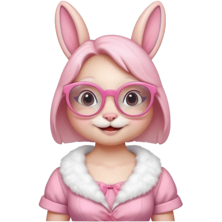 Pink bunny with big circular glasses, smiling, half body with dress emoji